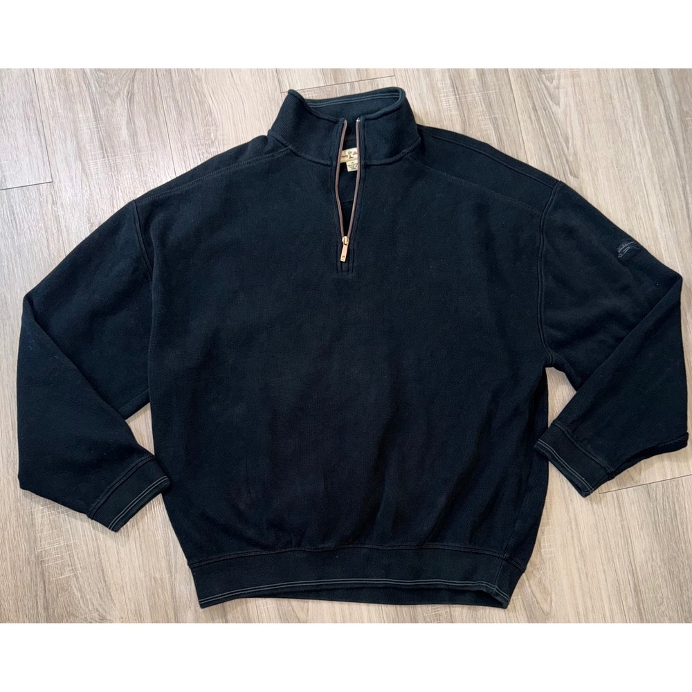 Tommy Bahama Mens XL Black 100% Cotton Ribbed Quarter Zip Pullover Sweater